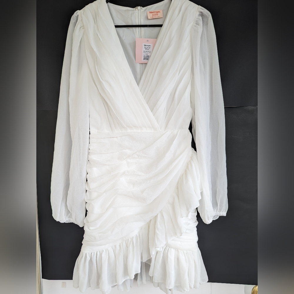 NWT Showpo White Mini Dress Sheer Long Sleeves Ruffled Size 2 Australia